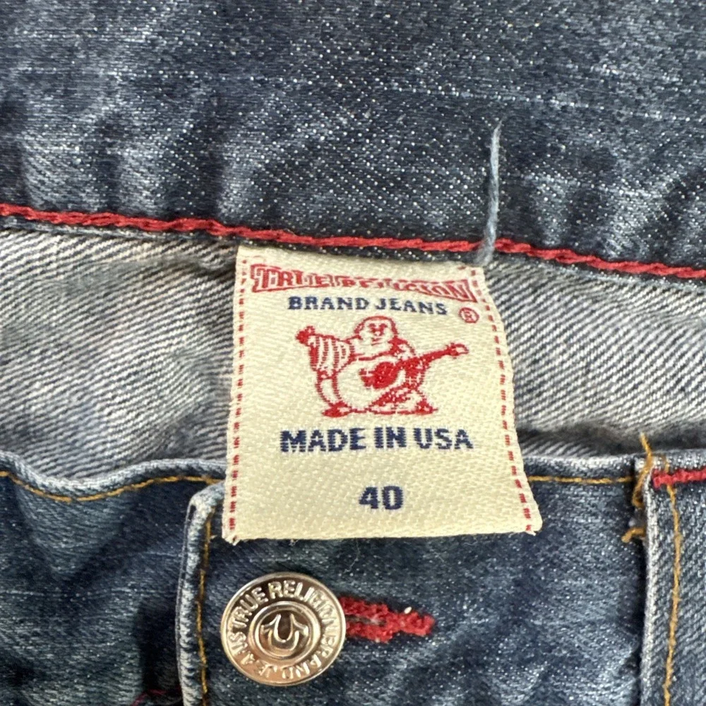 True Religion Jeans Mens Sz 40 x 34 Blue Straight Flap Stretch Denim USA Made